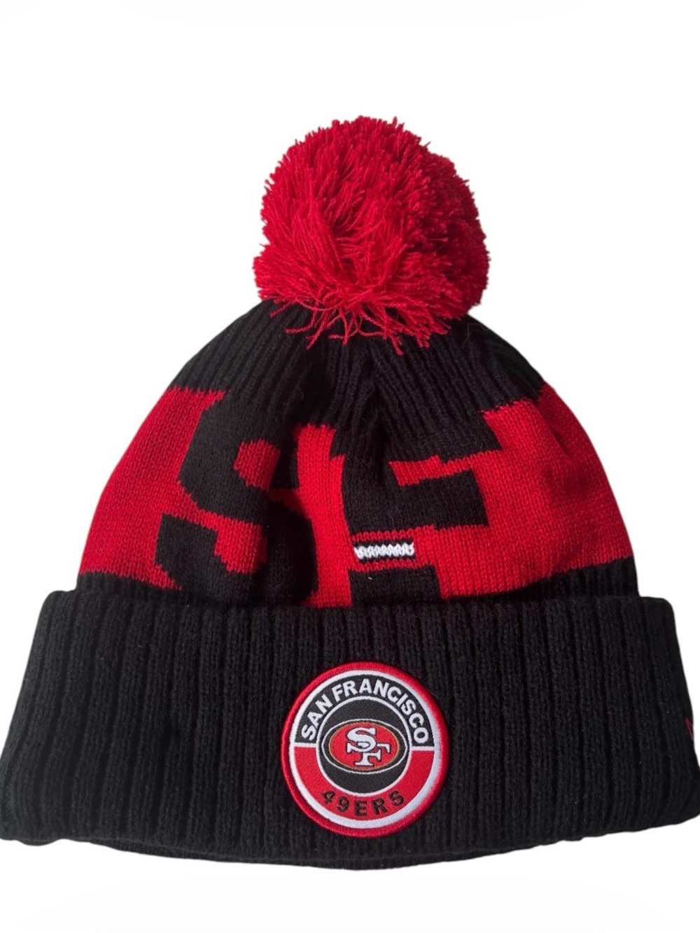 New Era San Francisco 49ers Red and Black Pom Beanie